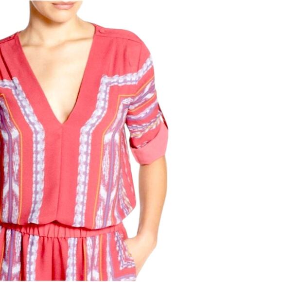 BCBGMAXAZRIA Chiffon Romper Soren Print RollTab Sleeve Pink Coastal Beach Chic - Picture 2 of 13